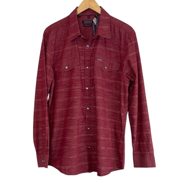 Point Zero Mens NWT Black Label Semi Fit Burgundy Button-Up Shirt Western Vibe L - Picture 14 of 14